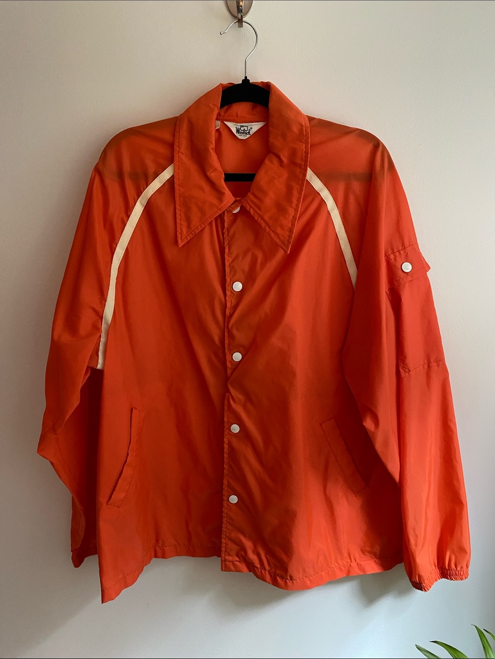 Vintage 70s Woolrich Nylon Orange Windbreaker with White Reflective Piping.